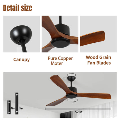 52 inch Modern Solid Wood / ABS Ceiling Fan With Remote Control(No Light),6 WInd Speed,Reversible Airflow