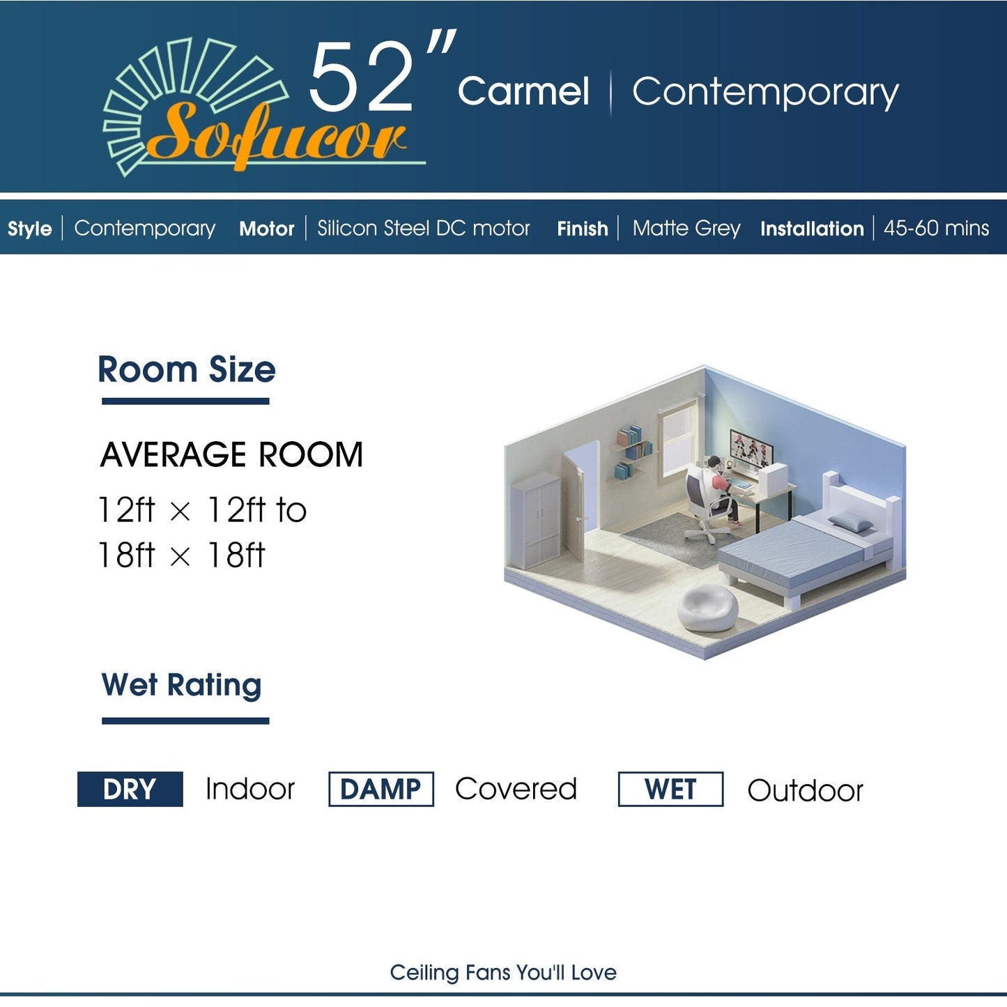 52 inch Modern Solid Wood / ABS Ceiling Fan With Remote Control(No Light),6 WInd Speed,Reversible Airflow