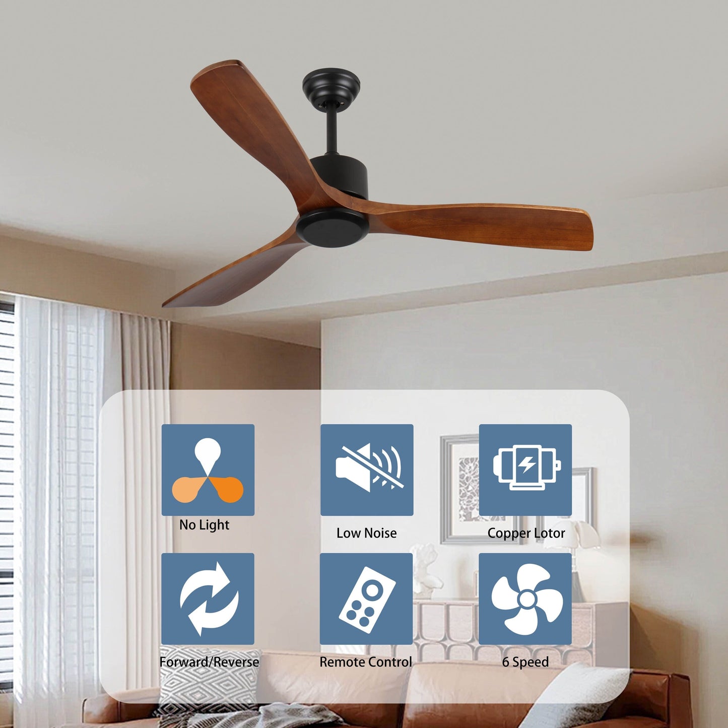 52 inch Modern Solid Wood / ABS Ceiling Fan With Remote Control(No Light),6 WInd Speed,Reversible Airflow