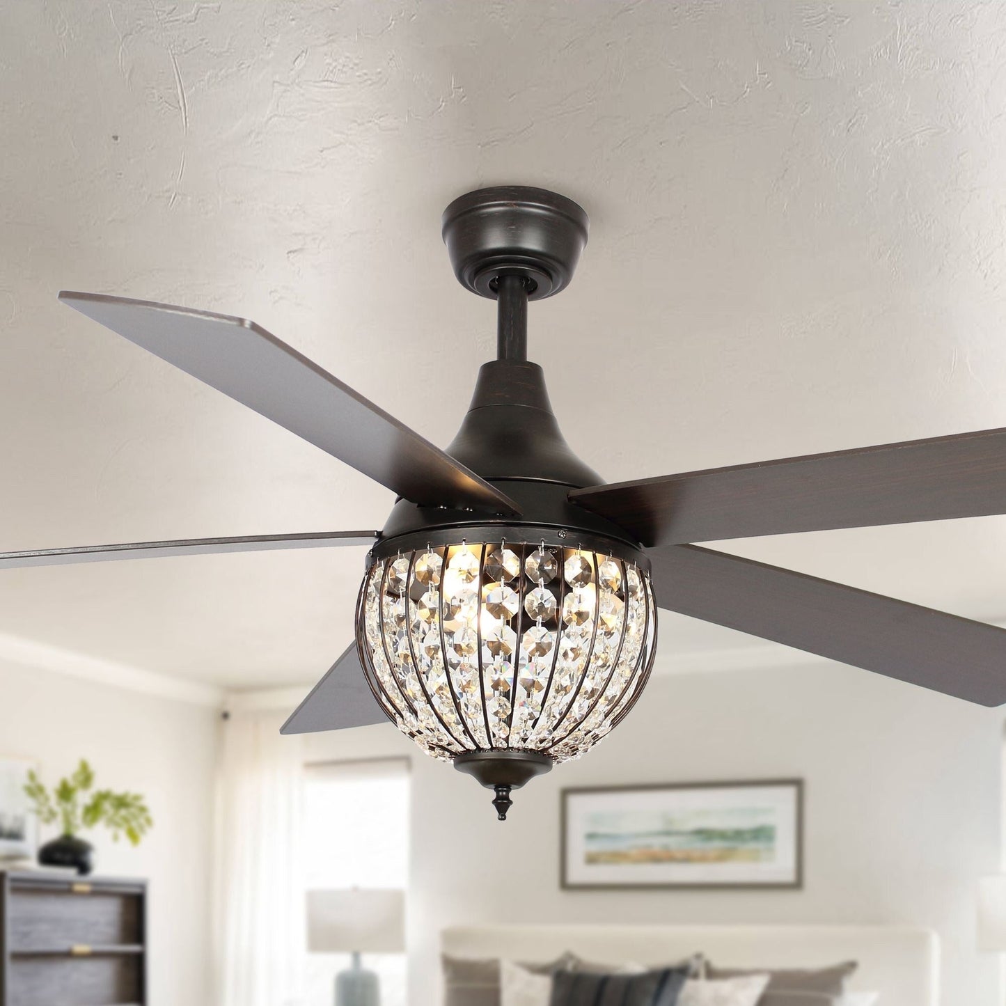 52 Industrial Black Wood 5-blade Crystal Ceiling Fan with Remote