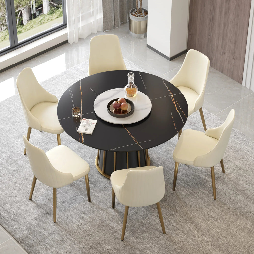 Table de salle à manger Marbella en pierre frittée | Ronde, 53 cm, noir mat, avec plateau tournant Lazy Susan