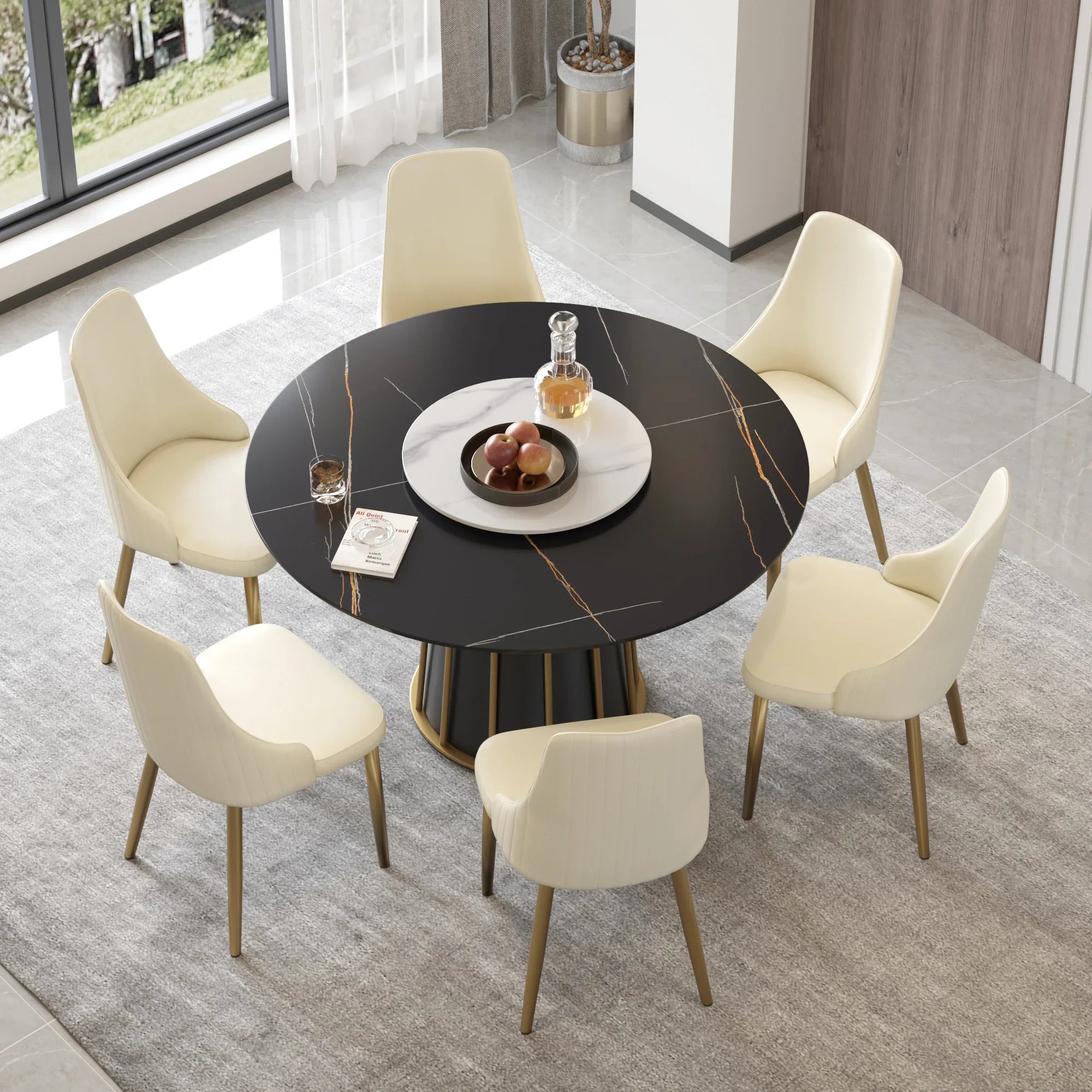 Table de salle à manger Marbella en pierre frittée | Ronde, 53 cm, noir mat, avec plateau tournant Lazy Susan