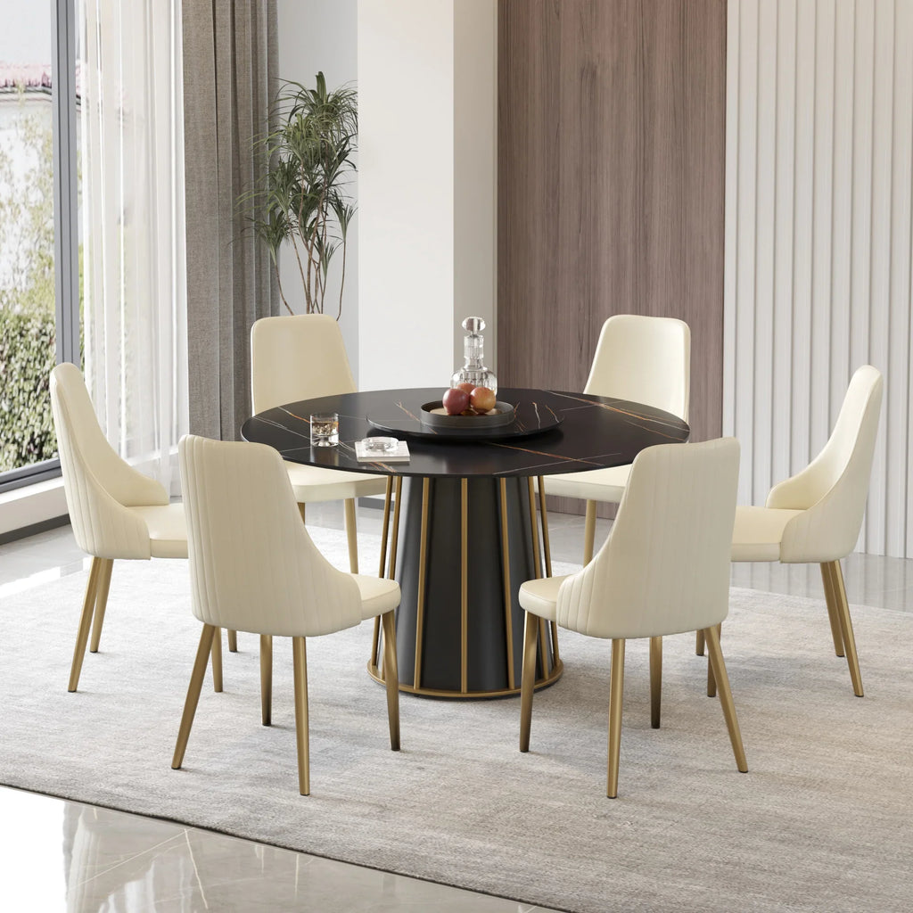 Table de salle à manger Marbella en pierre frittée | Ronde, 53 cm, noir mat, avec plateau tournant Lazy Susan