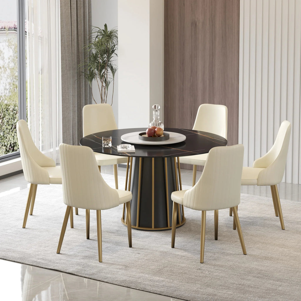 Table de salle à manger Marbella en pierre frittée | Ronde, 53 cm, noir mat, avec plateau tournant Lazy Susan