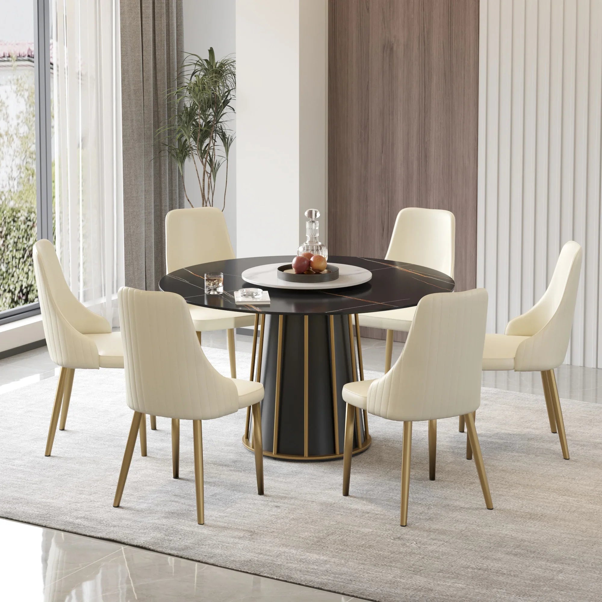 Table de salle à manger Marbella en pierre frittée | Ronde, 53 cm, noir mat, avec plateau tournant Lazy Susan