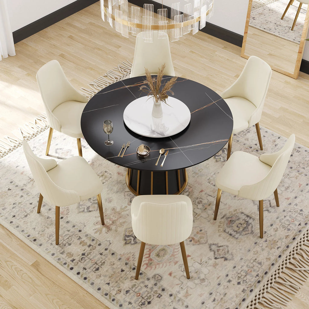 Table de salle à manger Marbella en pierre frittée | Ronde, 53 cm, noir mat, avec plateau tournant Lazy Susan