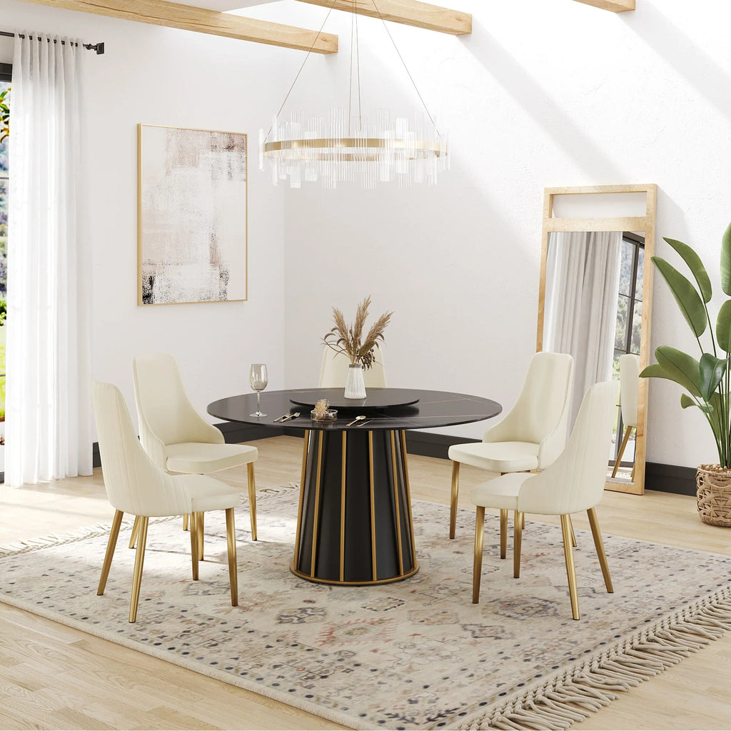 Table de salle à manger Marbella en pierre frittée | Ronde, 53 cm, noir mat, avec plateau tournant Lazy Susan