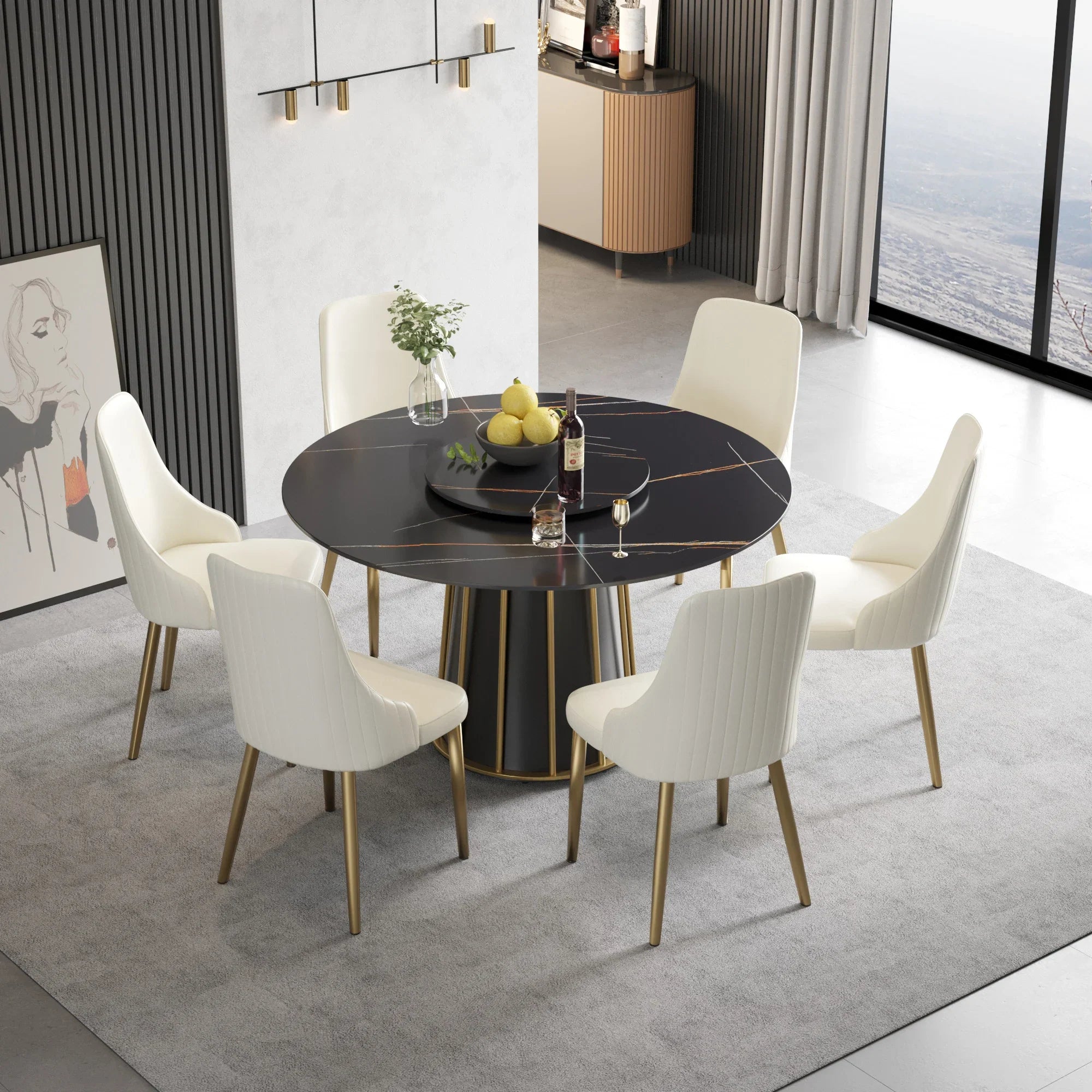 Table de salle à manger Marbella en pierre frittée | Ronde, 53 cm, noir mat, avec plateau tournant Lazy Susan