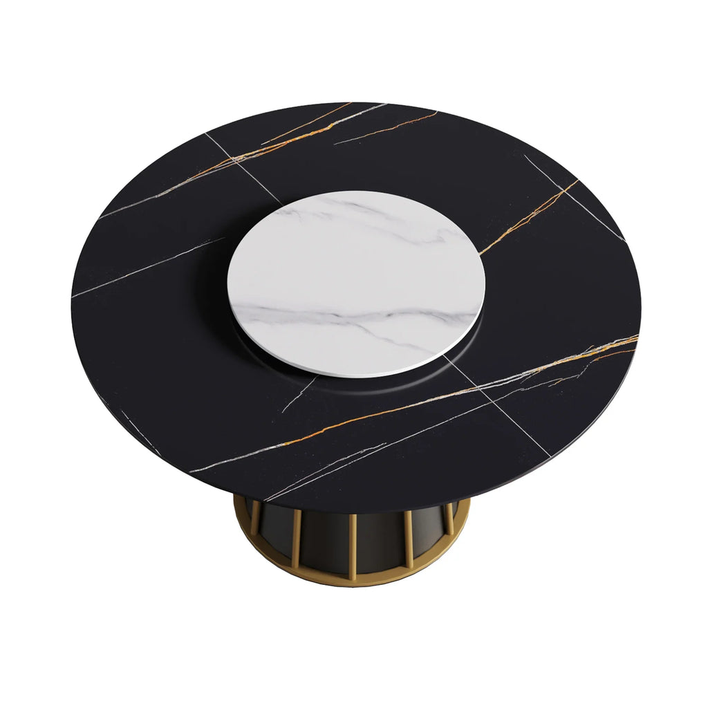 Table de salle à manger Marbella en pierre frittée | Ronde, 53 cm, noir mat, avec plateau tournant Lazy Susan