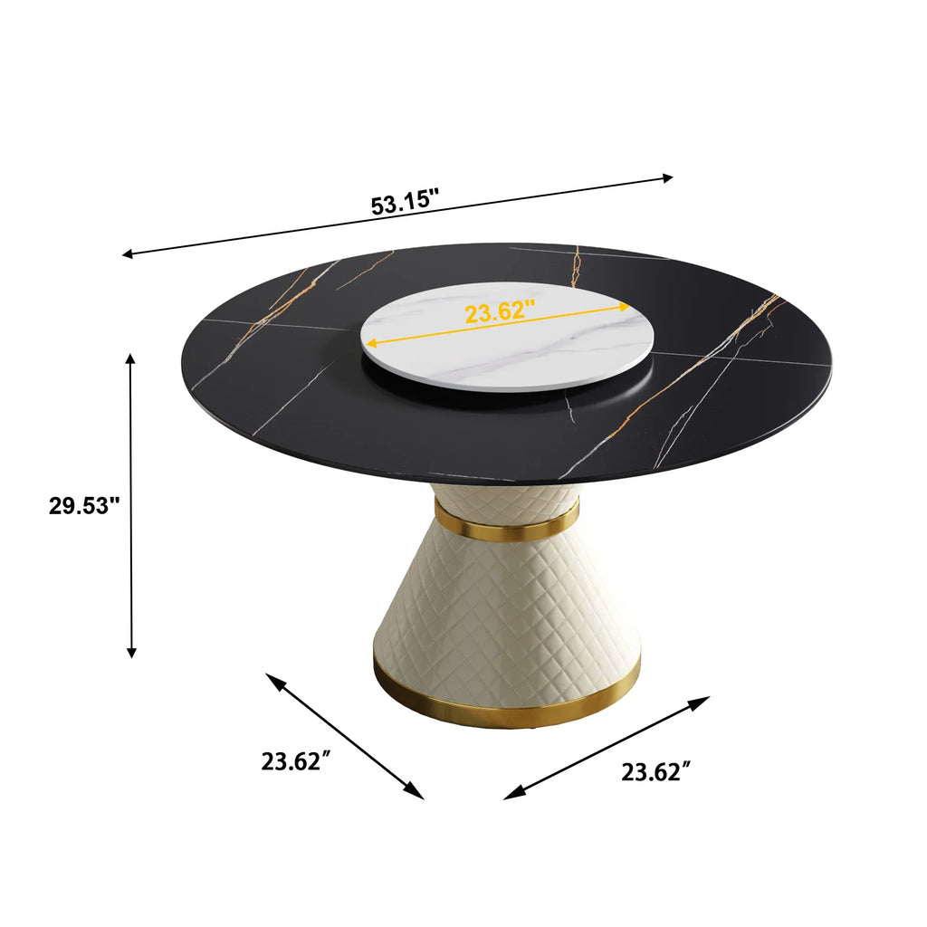 Table de salle à manger Marbella en pierre frittée | Ronde, 53 cm, noir mat, avec plateau tournant Lazy Susan