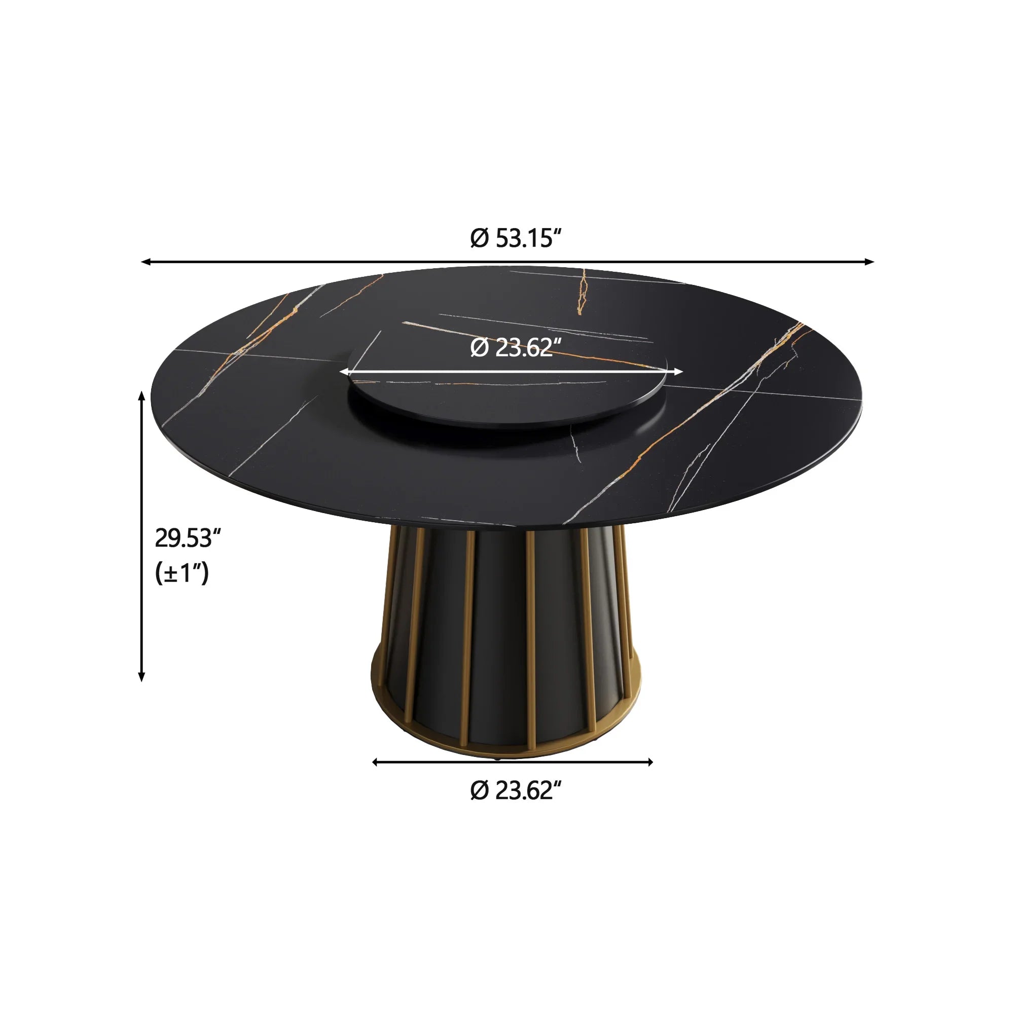 Table de salle à manger Marbella en pierre frittée | Ronde, 53 cm, noir mat, avec plateau tournant Lazy Susan