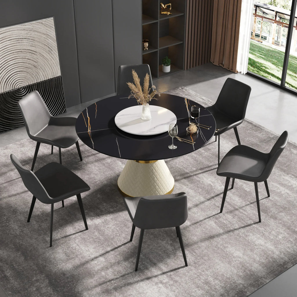 Table de salle à manger Marbella en pierre frittée | Ronde, 53 cm, noir mat, avec plateau tournant Lazy Susan