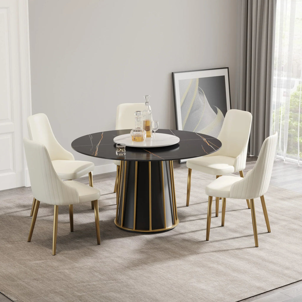 Table de salle à manger Marbella en pierre frittée | Ronde, 53 cm, noir mat, avec plateau tournant Lazy Susan
