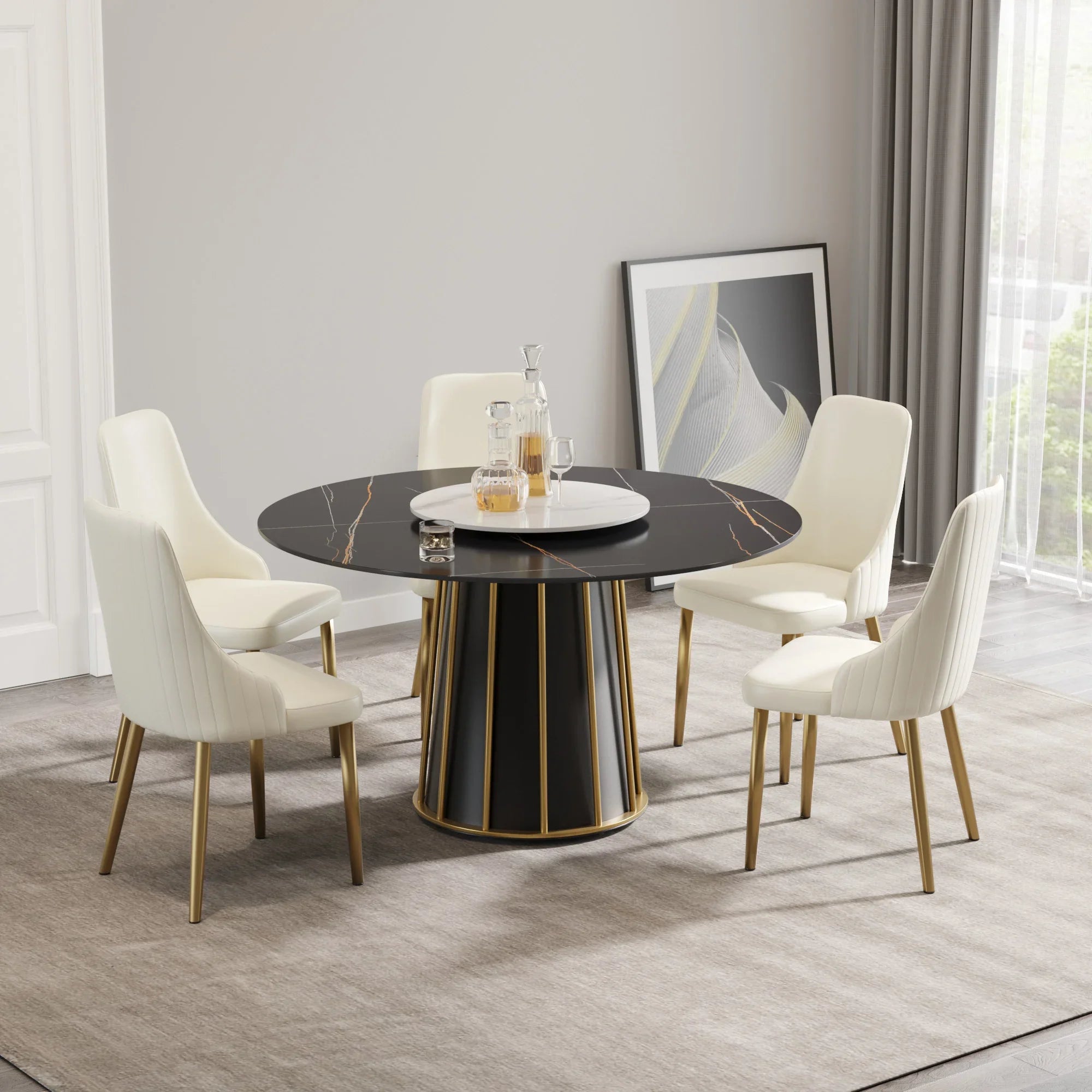 Table de salle à manger Marbella en pierre frittée | Ronde, 53 cm, noir mat, avec plateau tournant Lazy Susan
