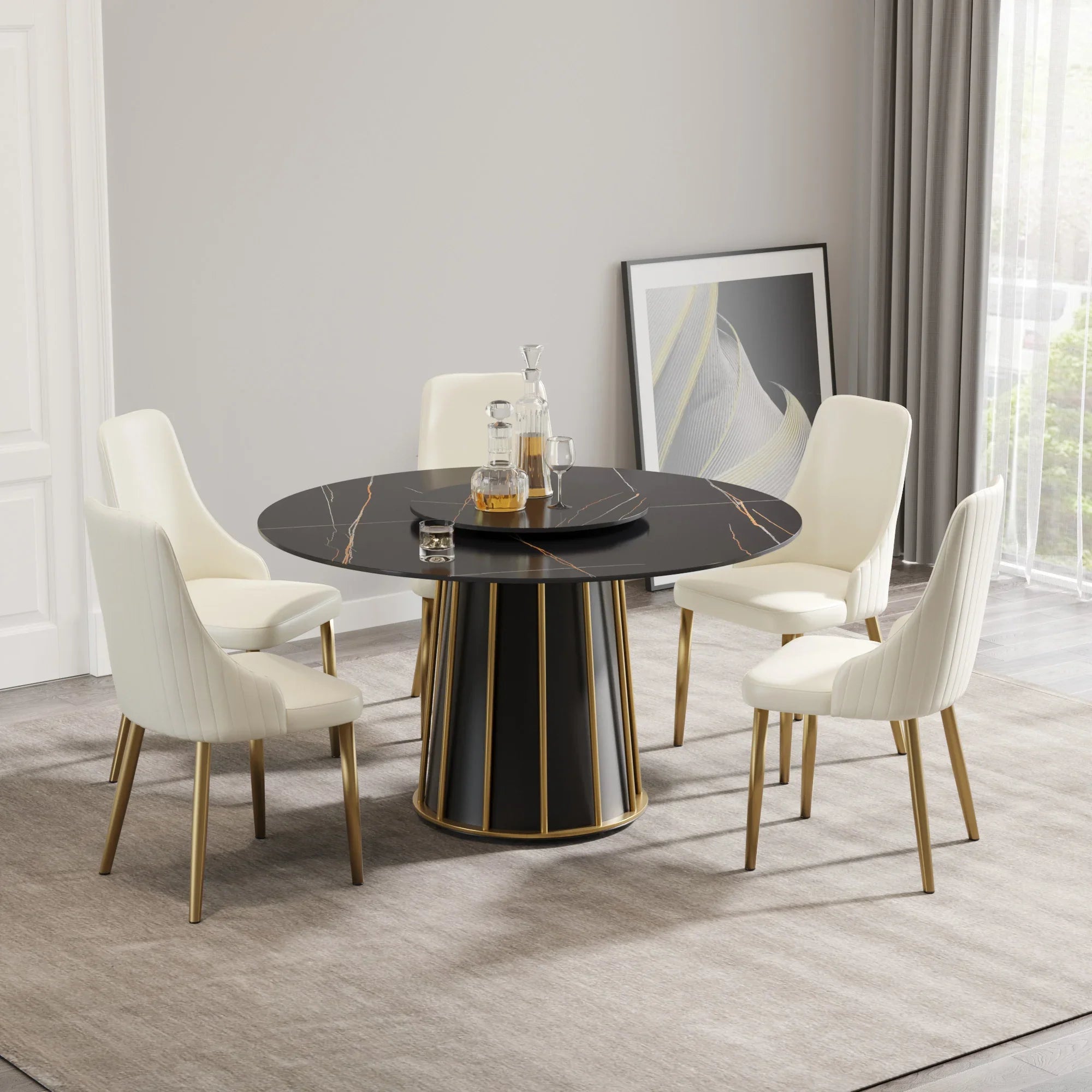 Table de salle à manger Marbella en pierre frittée | Ronde, 53 cm, noir mat, avec plateau tournant Lazy Susan