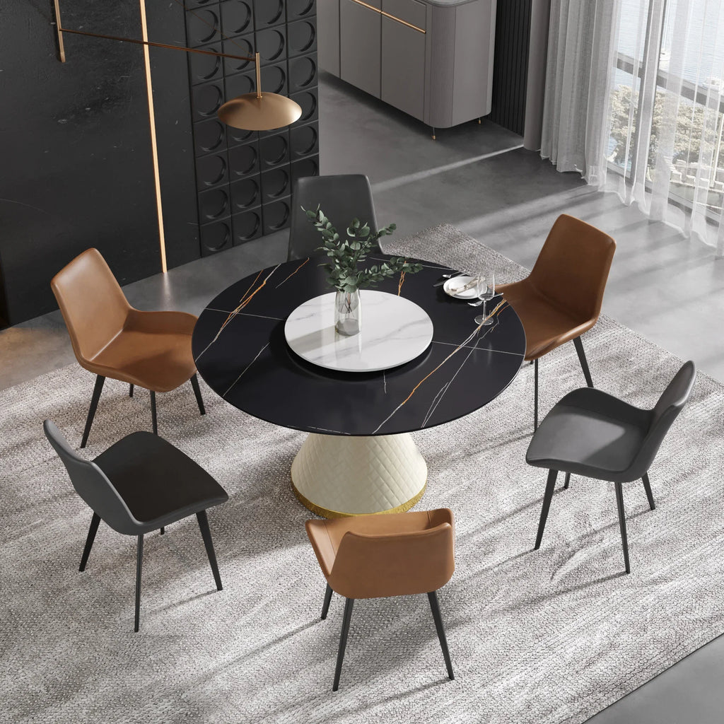 Table de salle à manger Marbella en pierre frittée | Ronde, 53 cm, noir mat, avec plateau tournant Lazy Susan
