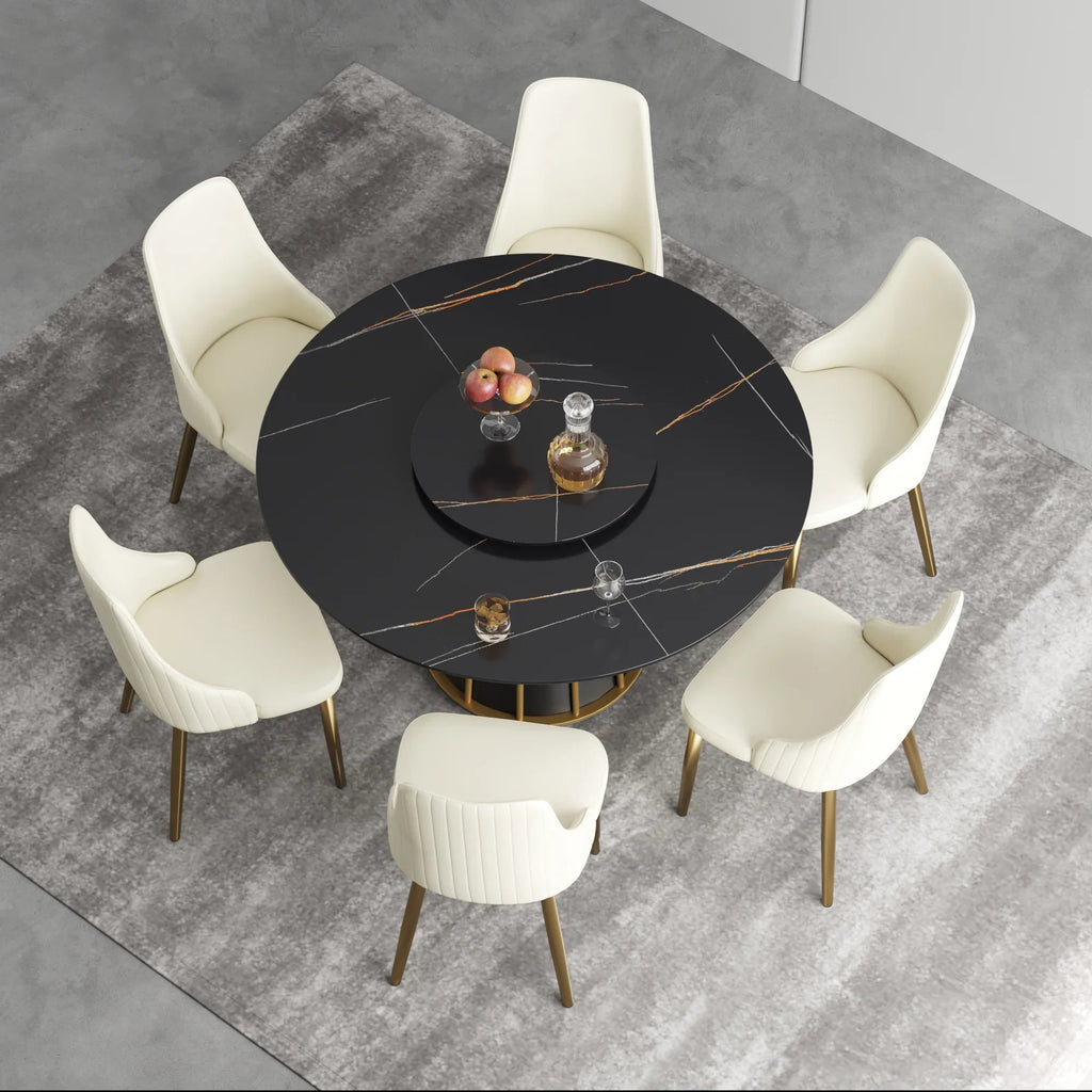 Table de salle à manger Marbella en pierre frittée | Ronde, 53 cm, noir mat, avec plateau tournant Lazy Susan