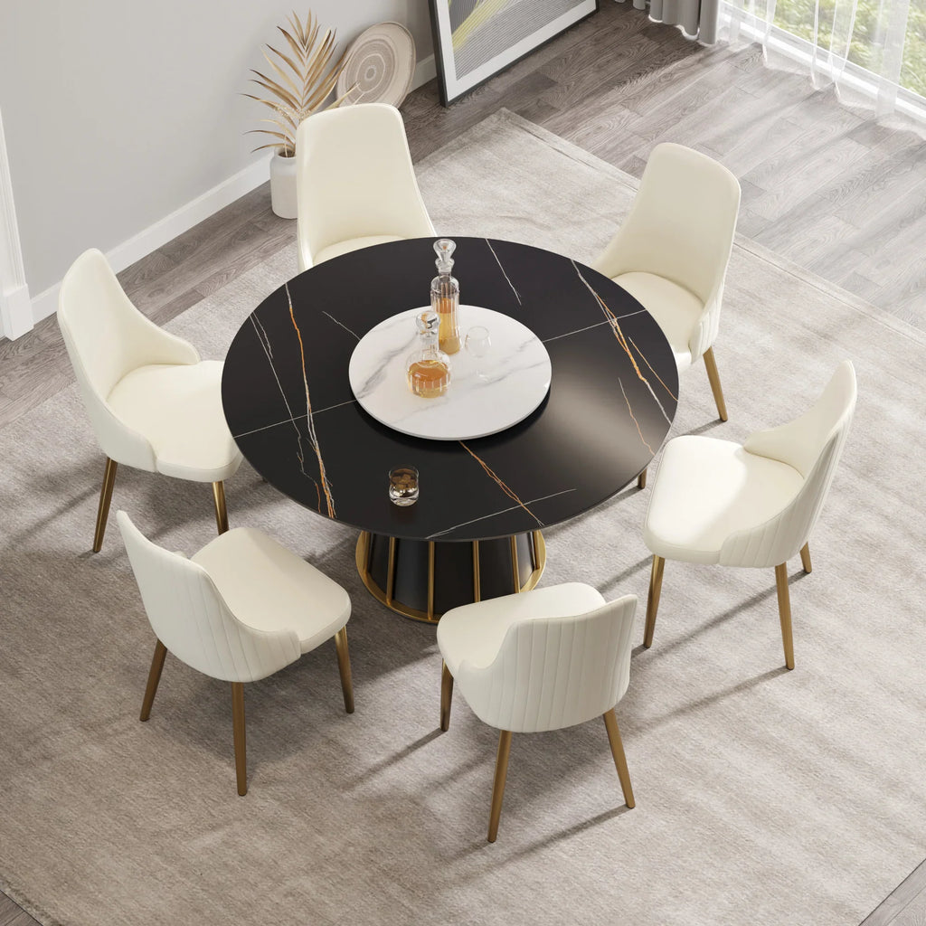 Table de salle à manger Marbella en pierre frittée | Ronde, 53 cm, noir mat, avec plateau tournant Lazy Susan