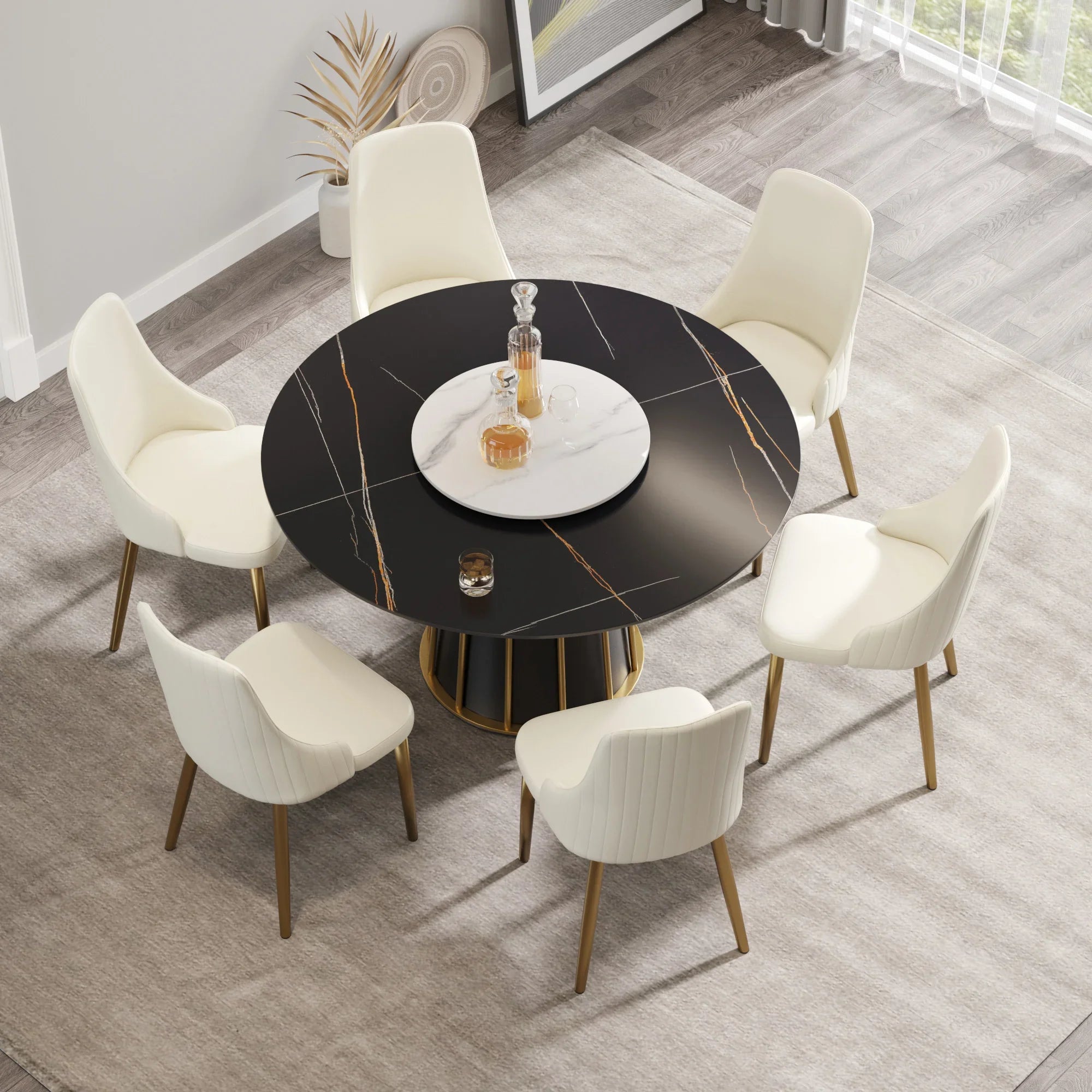 Table de salle à manger Marbella en pierre frittée | Ronde, 53 cm, noir mat, avec plateau tournant Lazy Susan