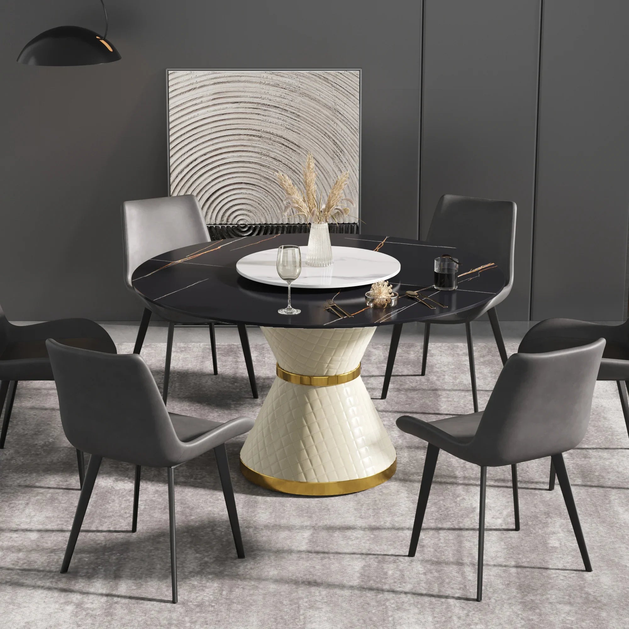 Table de salle à manger Marbella en pierre frittée | Ronde, 53 cm, noir mat, avec plateau tournant Lazy Susan