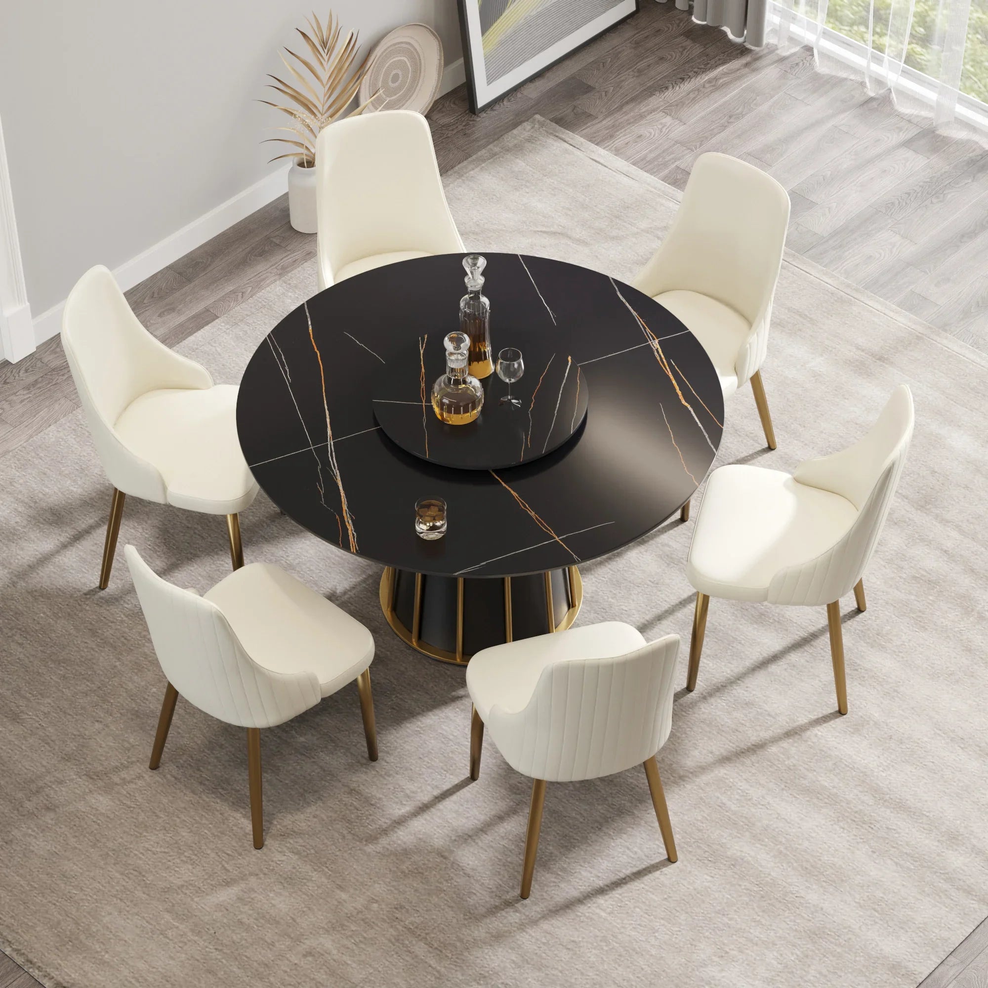 Table de salle à manger Marbella en pierre frittée | Ronde, 53 cm, noir mat, avec plateau tournant Lazy Susan