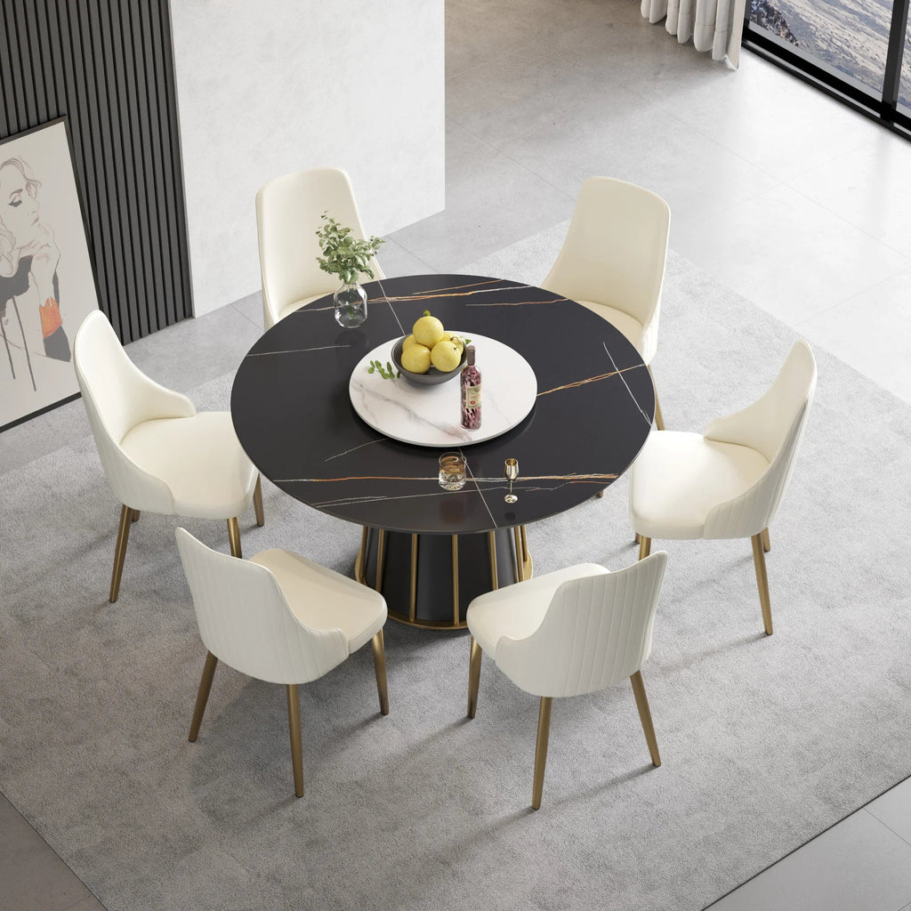 Table de salle à manger Marbella en pierre frittée | Ronde, 53 cm, noir mat, avec plateau tournant Lazy Susan