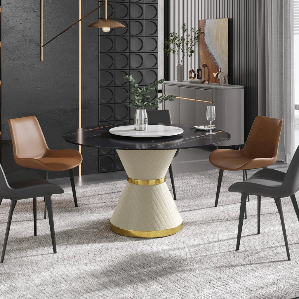 Table de salle à manger Marbella en pierre frittée | Ronde, 53 cm, noir mat, avec plateau tournant Lazy Susan