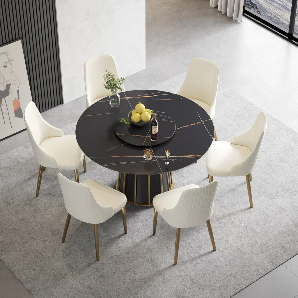 Table de salle à manger Marbella en pierre frittée | Ronde, 53 cm, noir mat, avec plateau tournant Lazy Susan