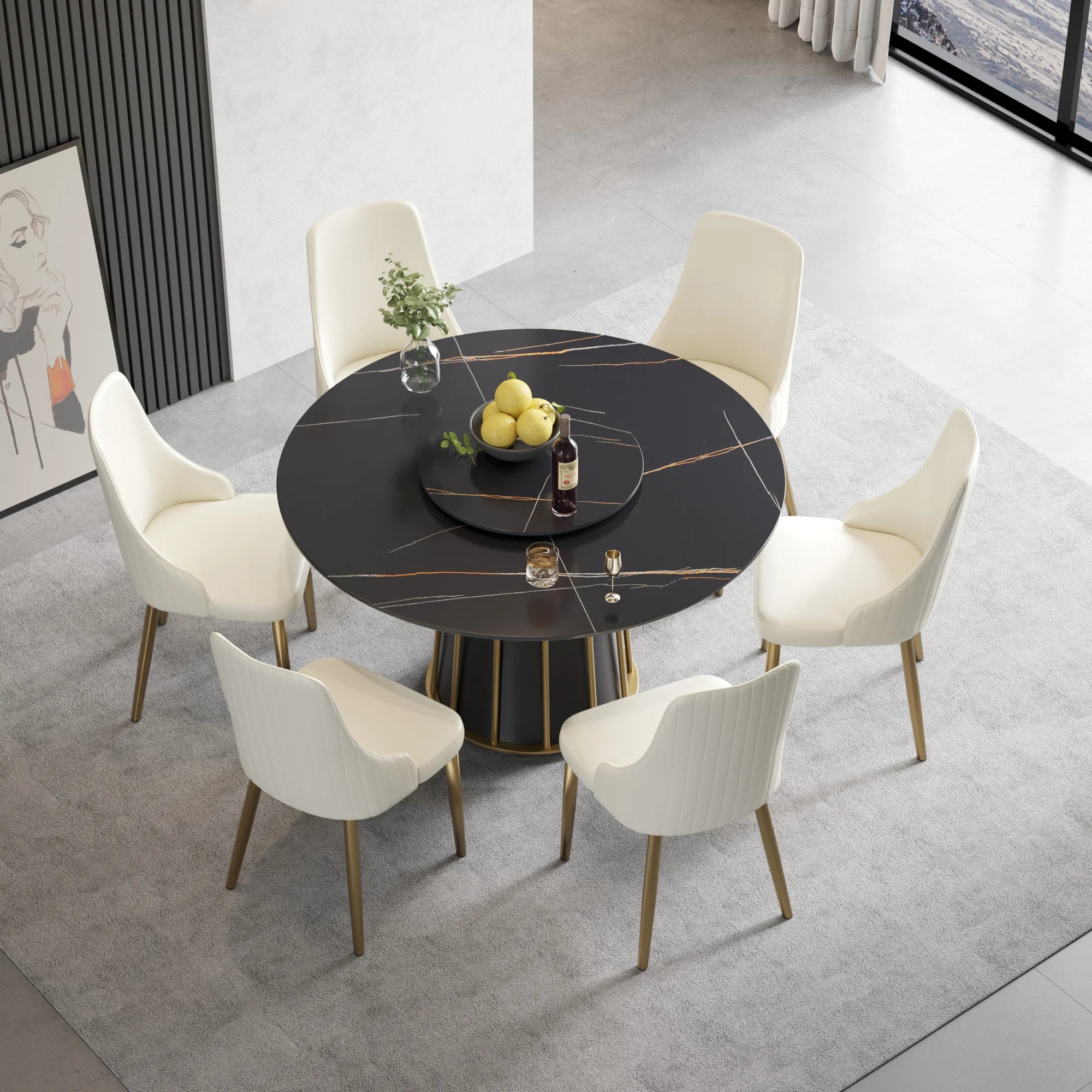 Table de salle à manger Marbella en pierre frittée | Ronde, 53 cm, noir mat, avec plateau tournant Lazy Susan