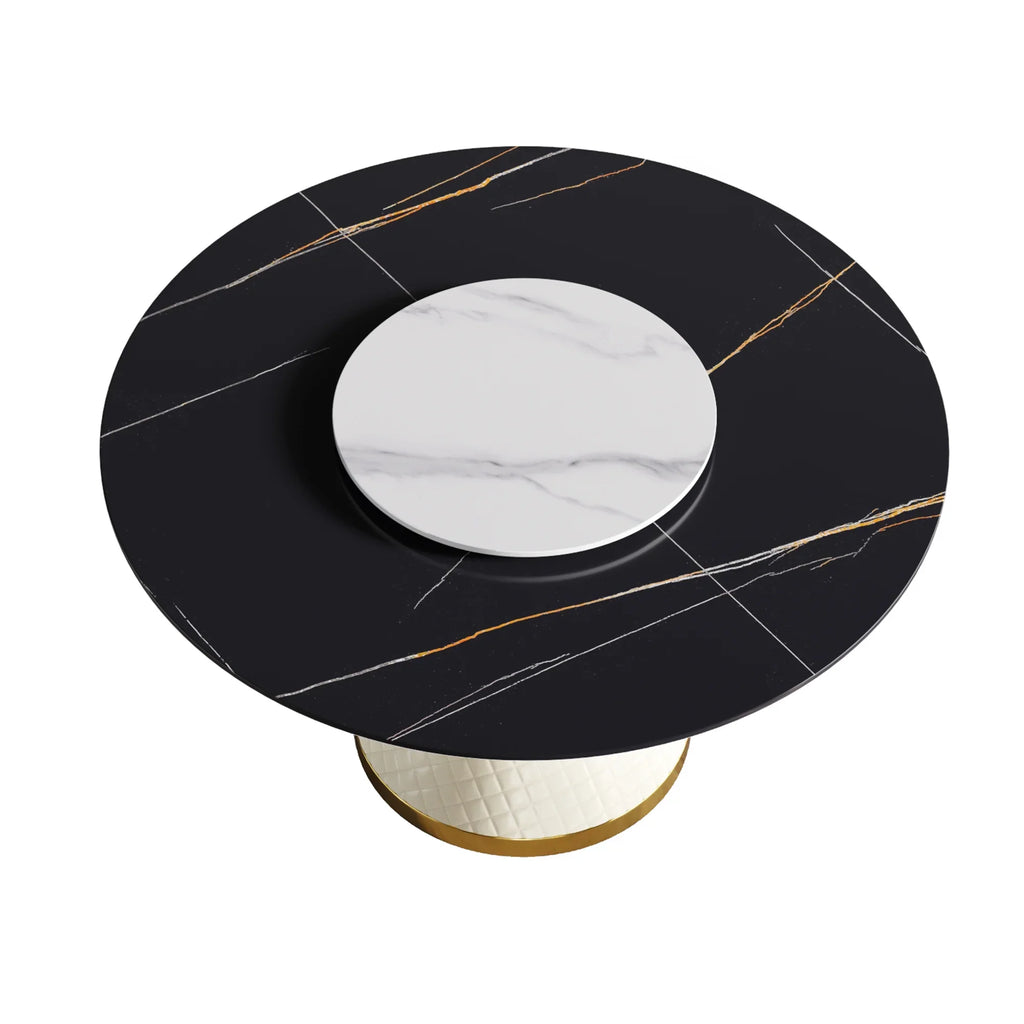 Table de salle à manger Marbella en pierre frittée | Ronde, 53 cm, noir mat, avec plateau tournant Lazy Susan