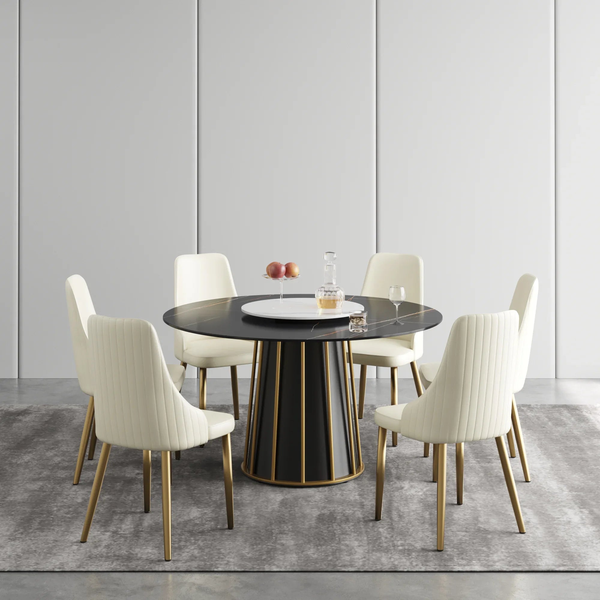 Table de salle à manger Marbella en pierre frittée | Ronde, 53 cm, noir mat, avec plateau tournant Lazy Susan