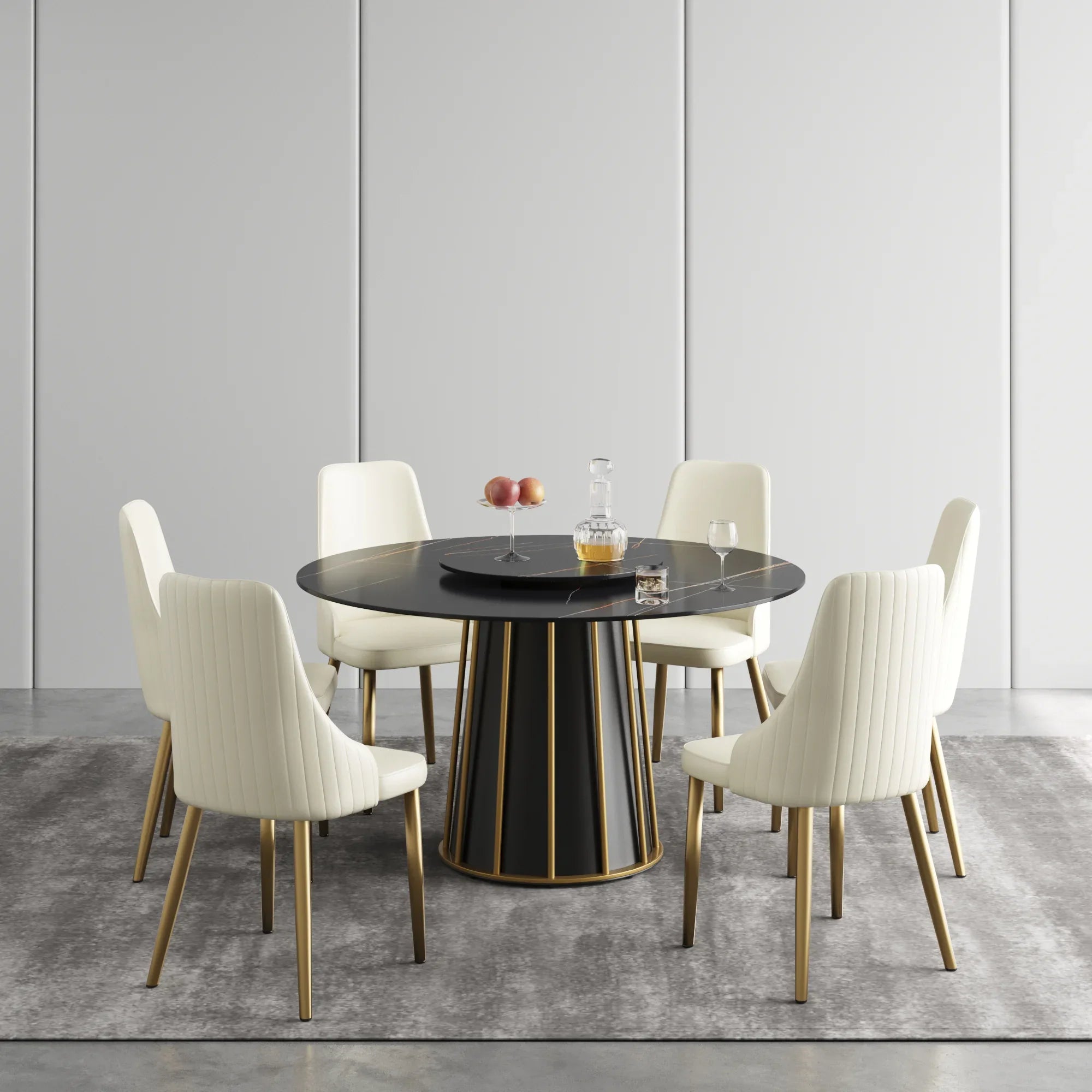Table de salle à manger Marbella en pierre frittée | Ronde, 53 cm, noir mat, avec plateau tournant Lazy Susan