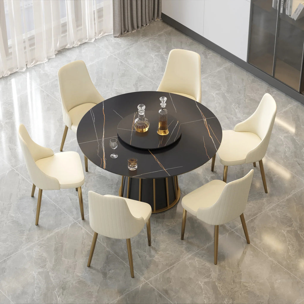 Table de salle à manger Marbella en pierre frittée | Ronde, 53 cm, noir mat, avec plateau tournant Lazy Susan