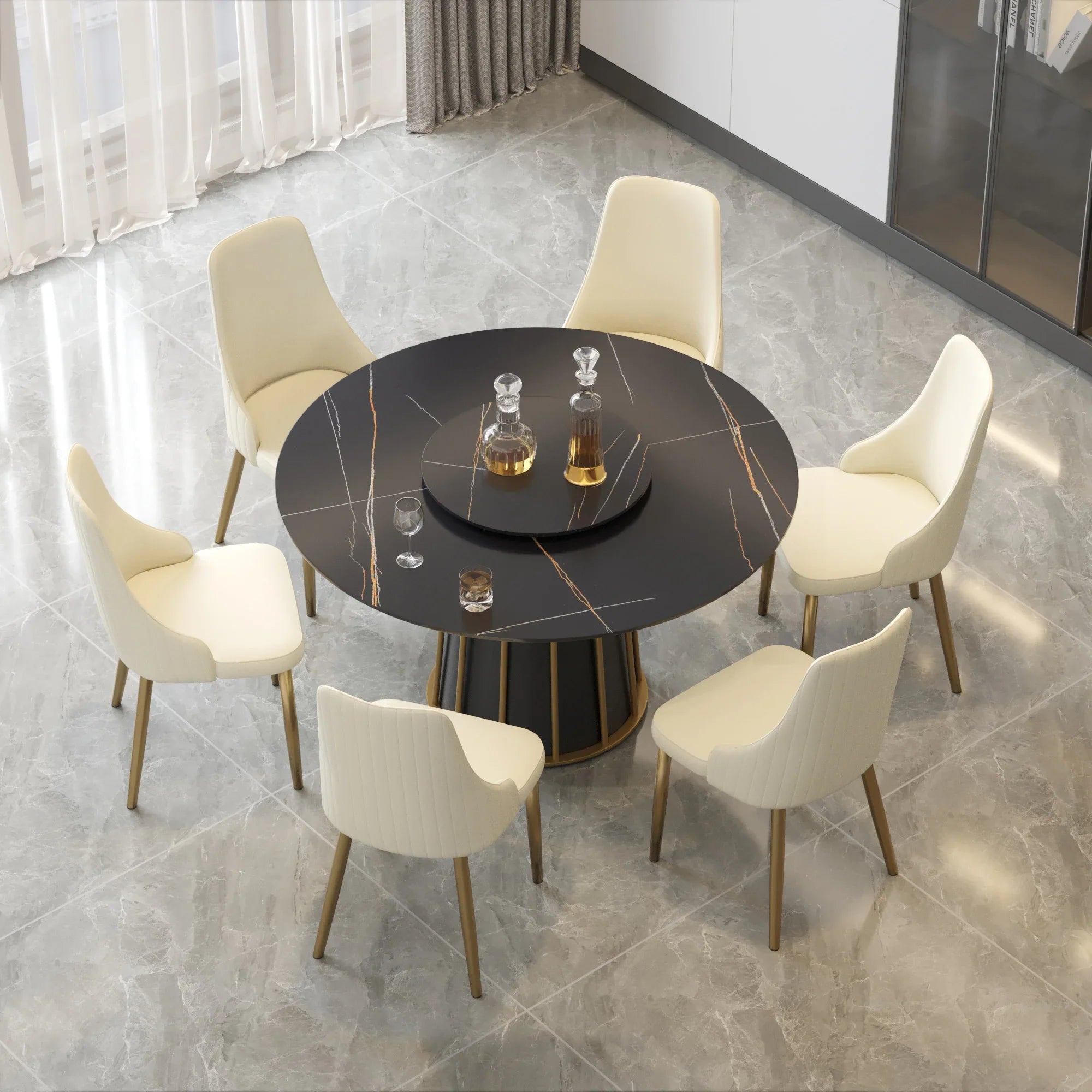 Table de salle à manger Marbella en pierre frittée | Ronde, 53 cm, noir mat, avec plateau tournant Lazy Susan