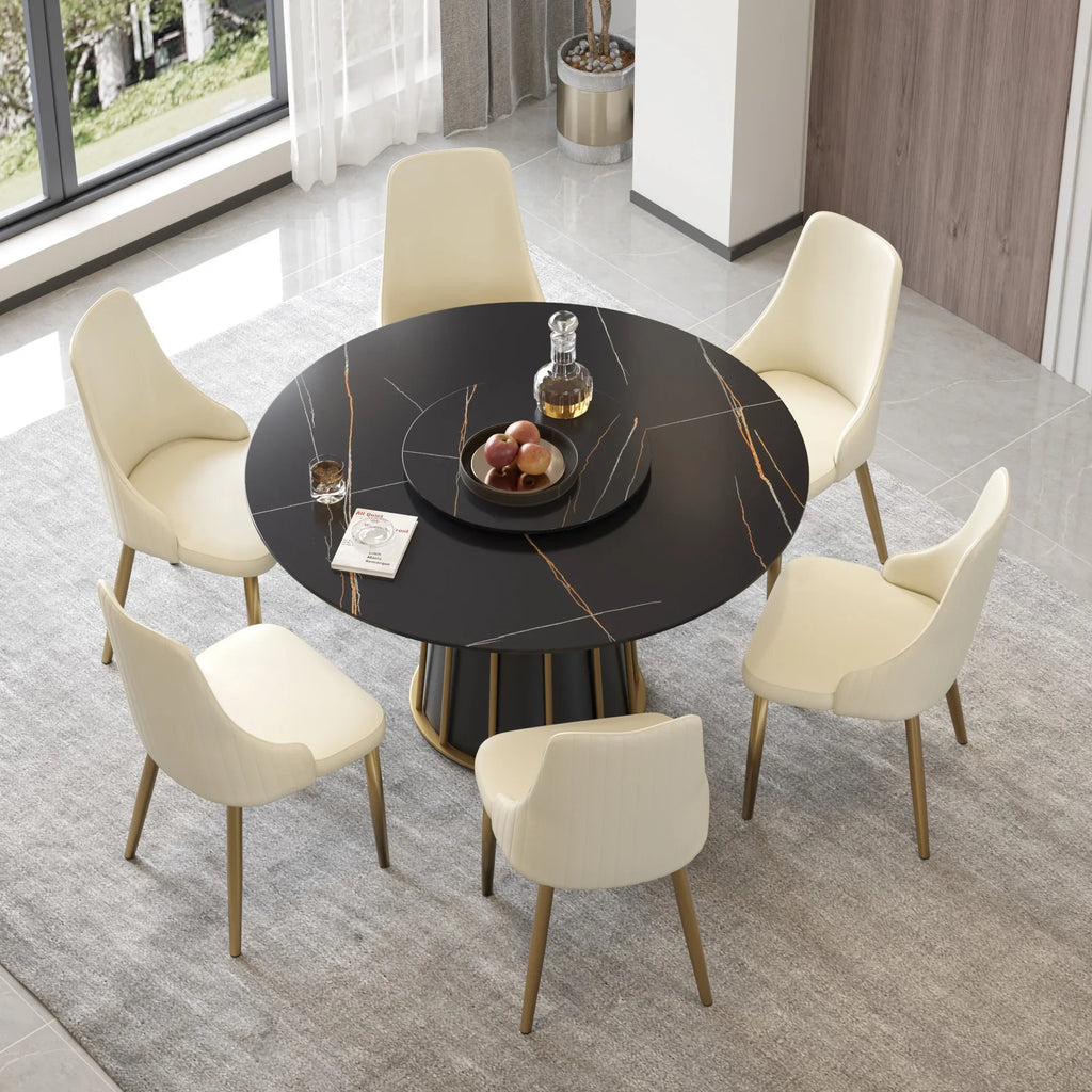 Table de salle à manger Marbella en pierre frittée | Ronde, 53 cm, noir mat, avec plateau tournant Lazy Susan