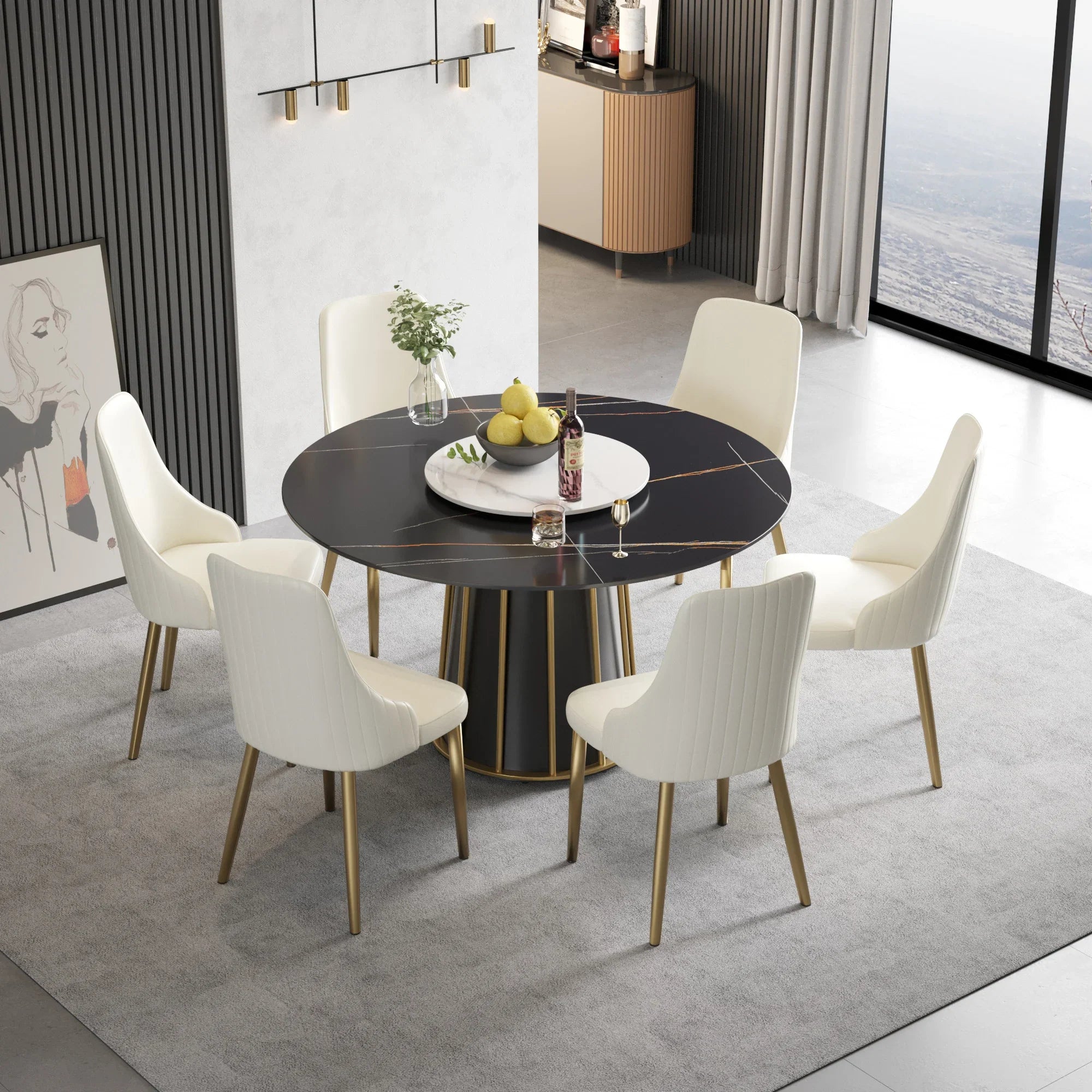 Table de salle à manger Marbella en pierre frittée | Ronde, 53 cm, noir mat, avec plateau tournant Lazy Susan