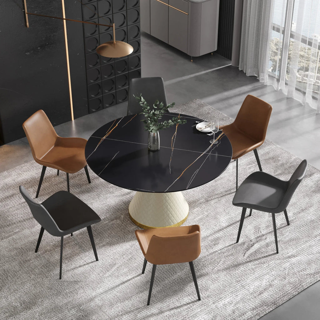 Table de salle à manger Marbella en pierre frittée | Ronde, 53 cm, noir mat, avec piètement recouvert de cuir