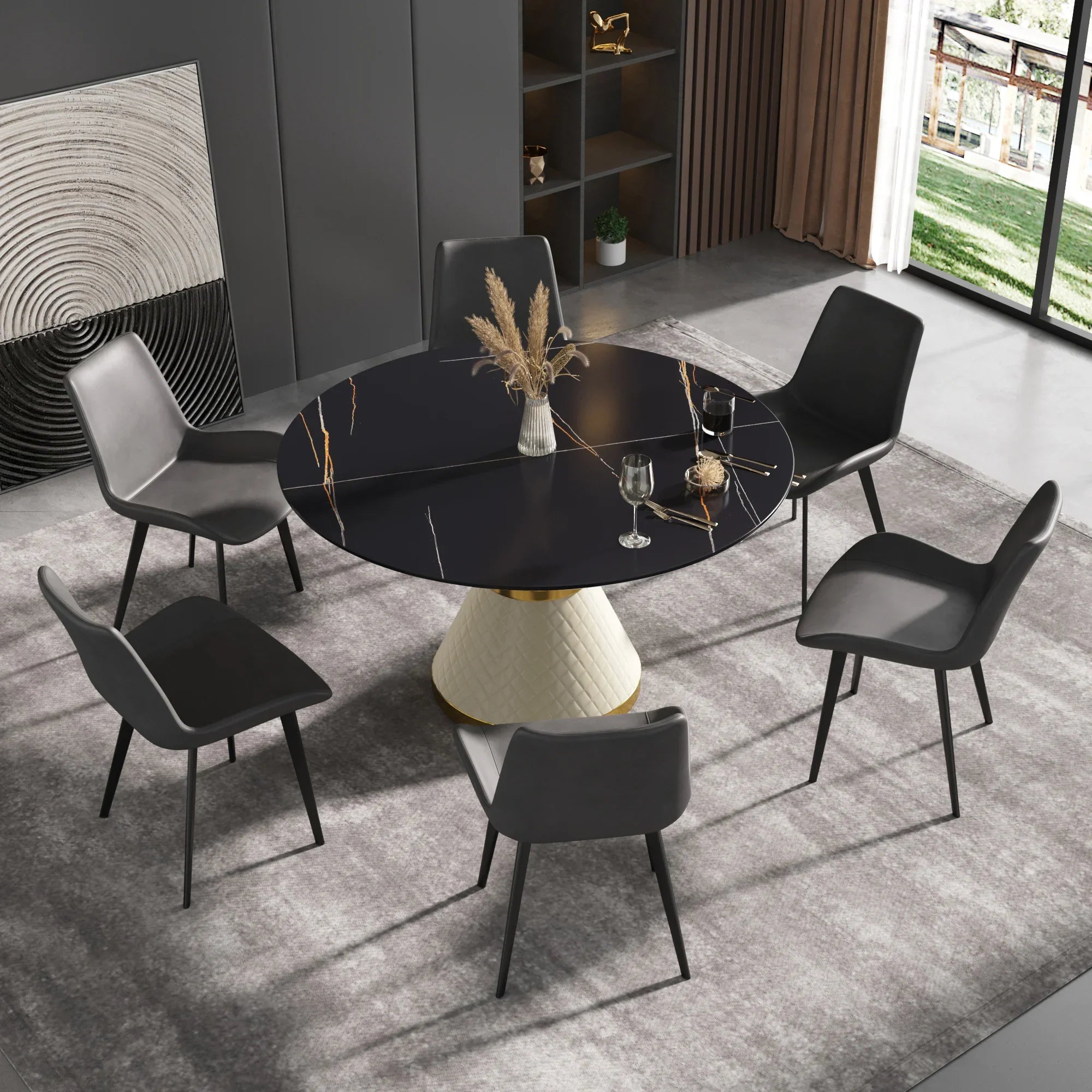 Table de salle à manger Marbella en pierre frittée | Ronde, 53 cm, noir mat, avec piètement recouvert de cuir