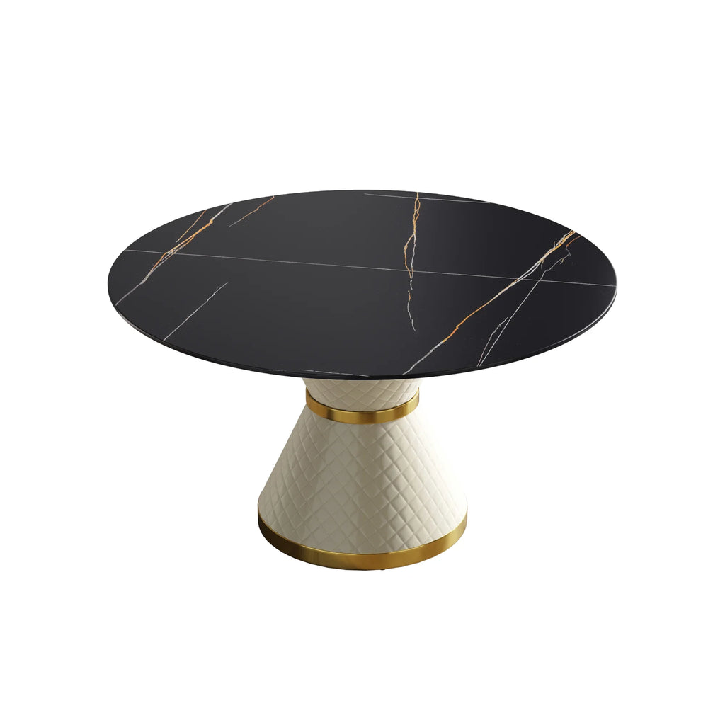 Table de salle à manger Marbella en pierre frittée | Ronde, 53 cm, noir mat, avec piètement recouvert de cuir
