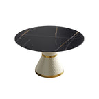 Table de salle à manger Marbella en pierre frittée | Ronde, 53 cm, noir mat, avec piètement recouvert de cuir