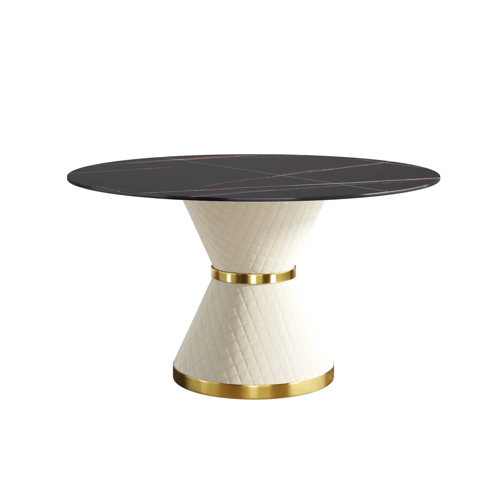 Table de salle à manger Marbella en pierre frittée | Ronde, 53 cm, noir mat, avec piètement recouvert de cuir