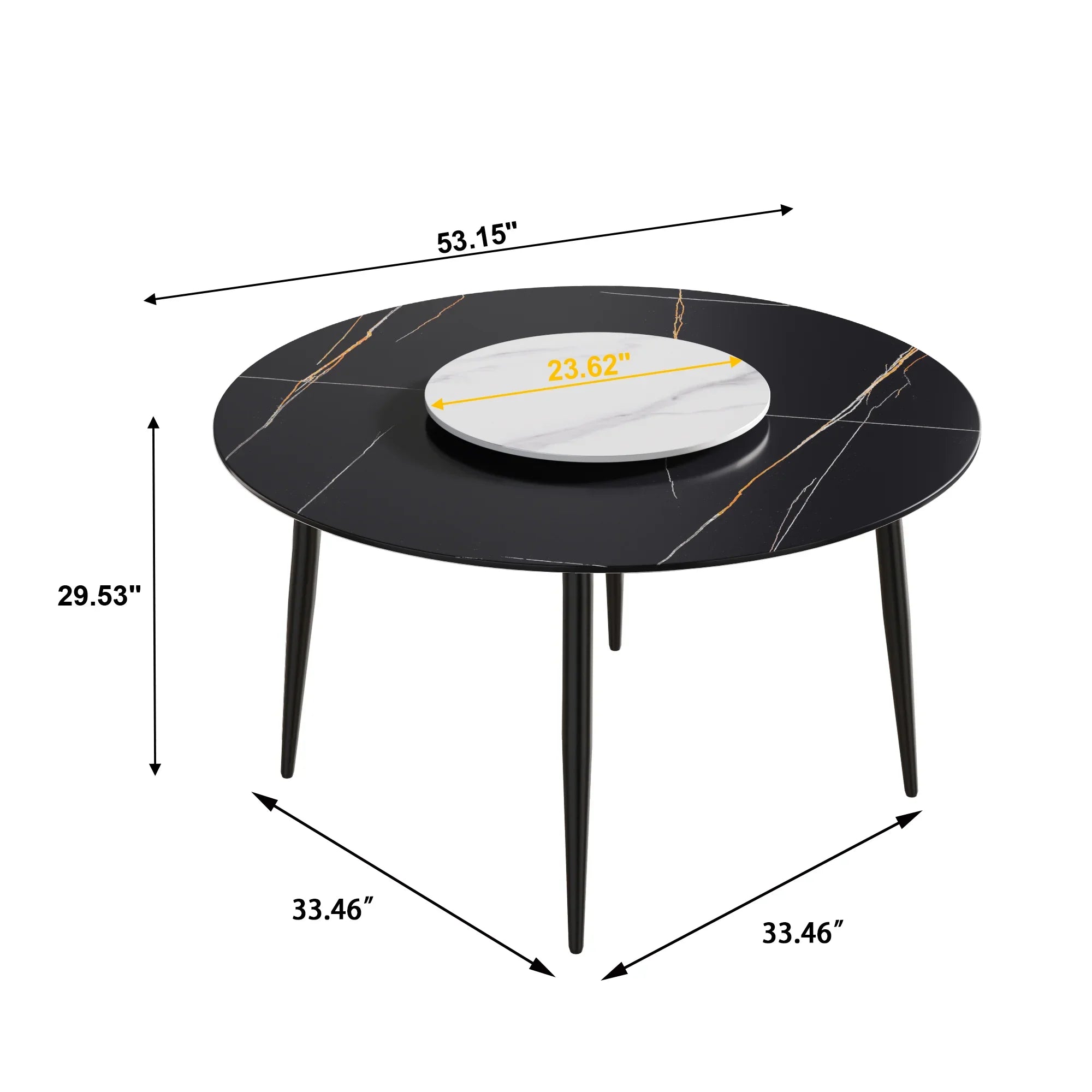 Table de salle à manger Marbella en pierre frittée | Ronde, 53 cm, noir mat, avec piètement en métal et plateau tournant