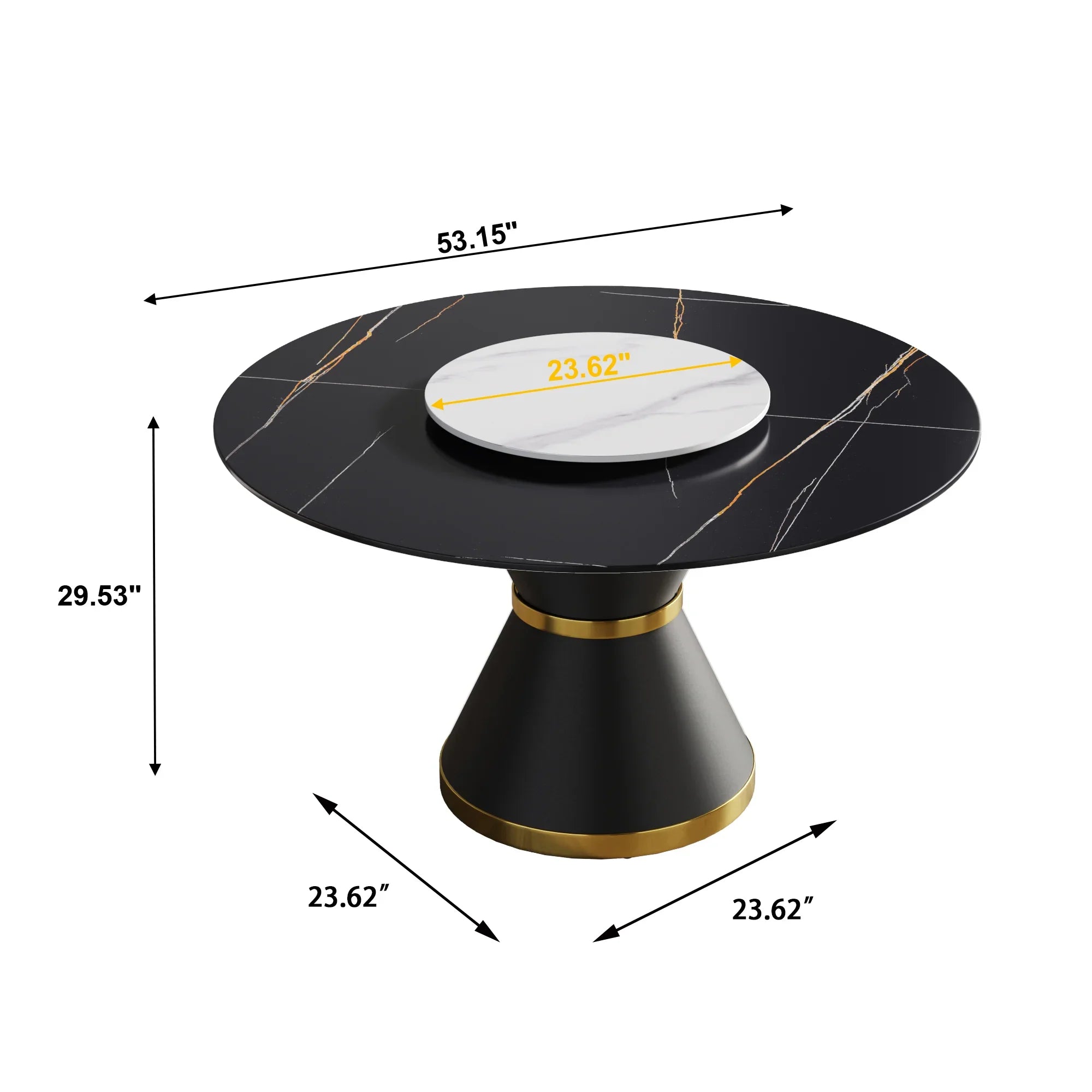 Table de salle à manger Marbella en pierre frittée | Ronde, 53 cm, noir mat, avec piètement en métal et plateau tournant