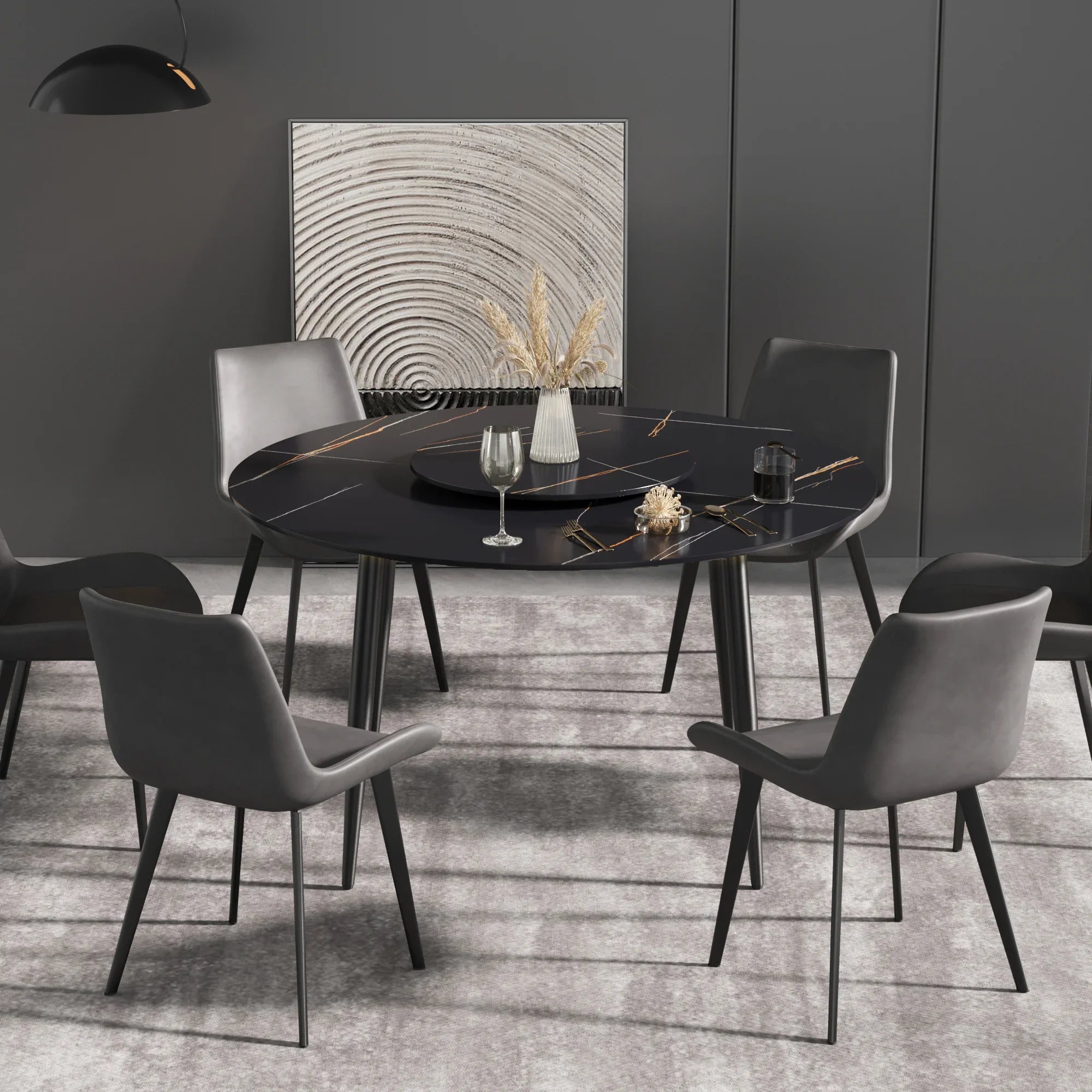 Table de salle à manger Marbella en pierre frittée | Ronde, 53 cm, noir mat, avec piètement en métal et plateau tournant