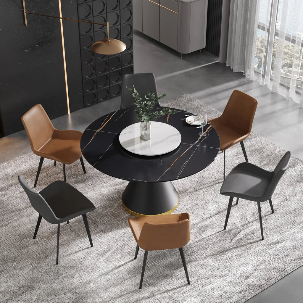 Table de salle à manger Marbella en pierre frittée | Ronde, 53 cm, noir mat, avec piètement en métal et plateau tournant