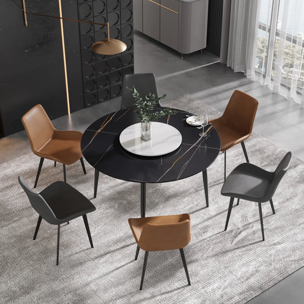 Table de salle à manger Marbella en pierre frittée | Ronde, 53 cm, noir mat, avec piètement en métal et plateau tournant