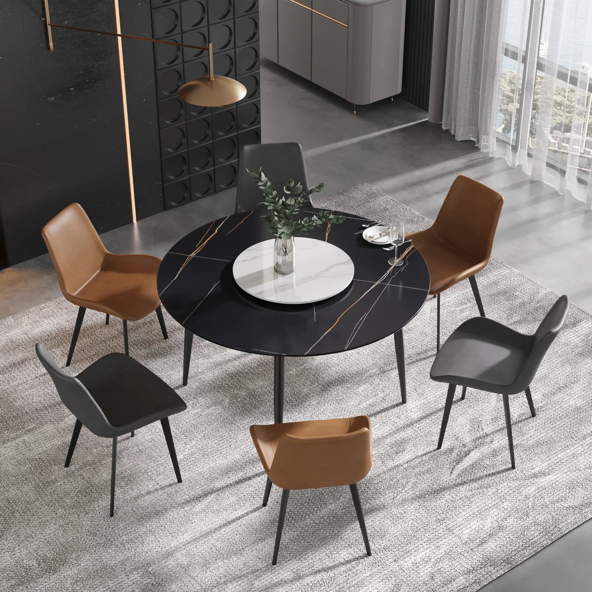 Table de salle à manger Marbella en pierre frittée | Ronde, 53 cm, noir mat, avec piètement en métal et plateau tournant