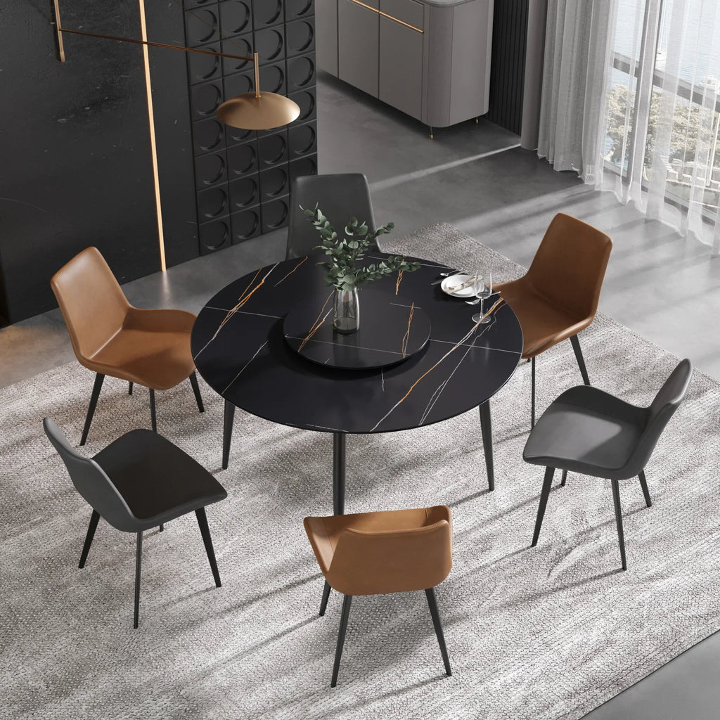 Table de salle à manger Marbella en pierre frittée | Ronde, 53 cm, noir mat, avec piètement en métal et plateau tournant