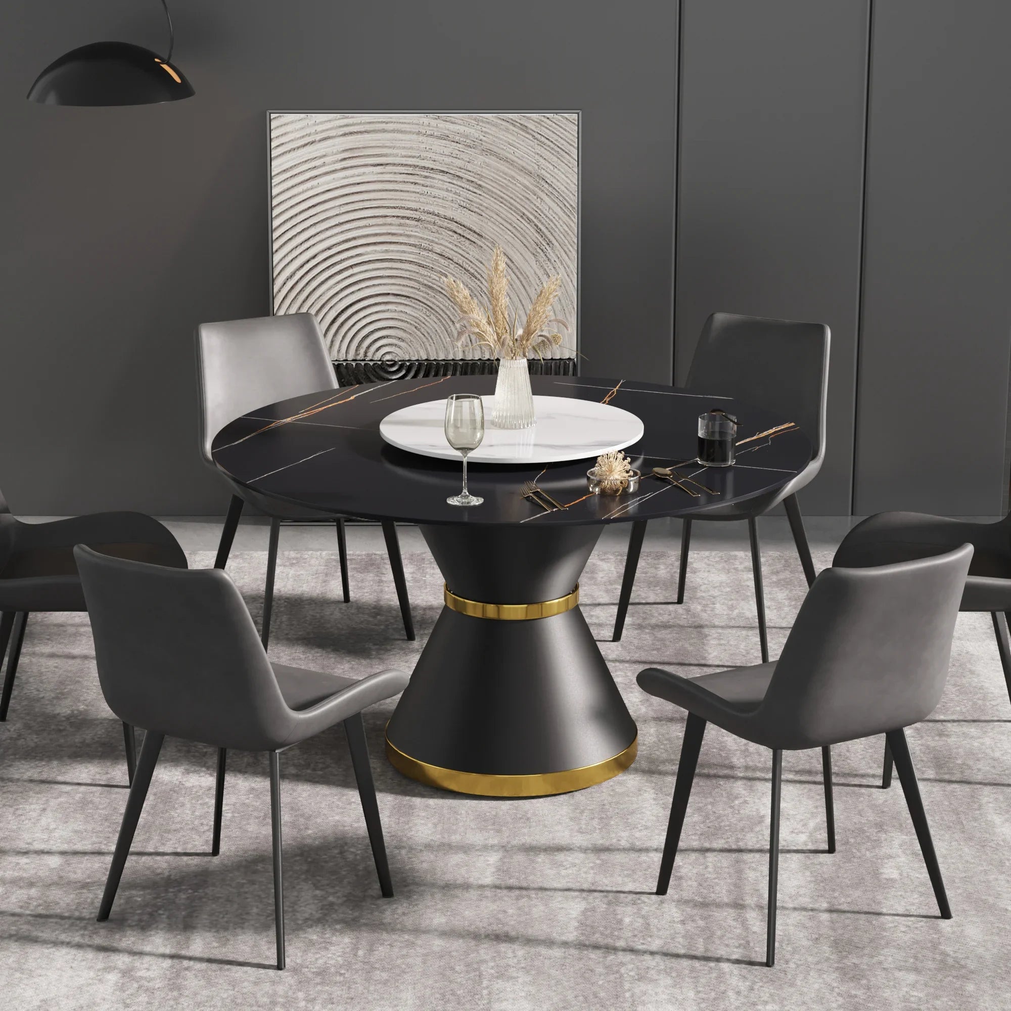 Table de salle à manger Marbella en pierre frittée | Ronde, 53 cm, noir mat, avec piètement en métal et plateau tournant