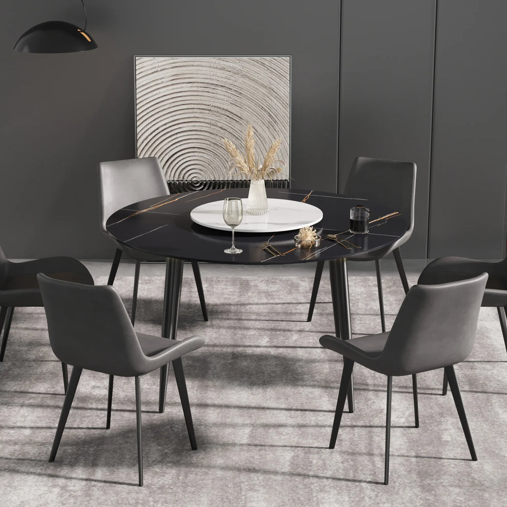 Table de salle à manger Marbella en pierre frittée | Ronde, 53 cm, noir mat, avec piètement en métal et plateau tournant